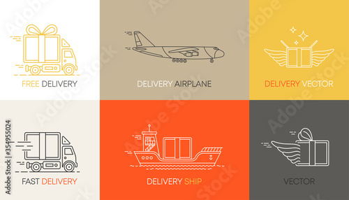 Vector fast delivery service logo design elements in linear style. Set of flat trucks, airplane and ship in boxes of different colors. Vector.