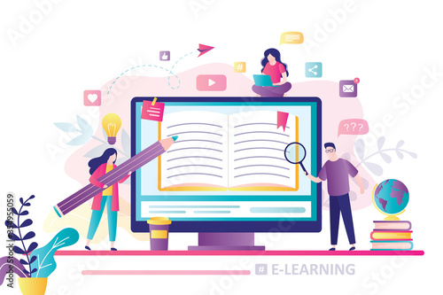 E-learning banner. Online education, home schooling. Modern workplace,monitor with open textbook. Various students learning