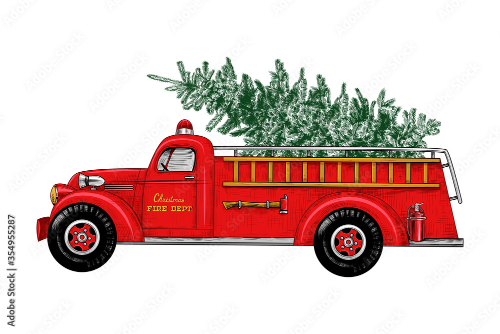 Christmas fire engine. Vintage Fire Truck with a Christmas tree on a white  background. Retro card. Color sketch. Stock Vector