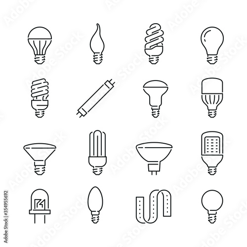 Light bulb related icons: thin vector icon set, black and white kit