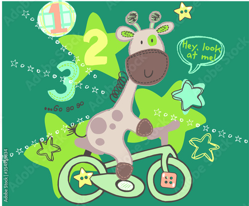 Fototapeta Naklejka Na Ścianę i Meble -  Cute giraffe on the funny bicycle vector character illustration