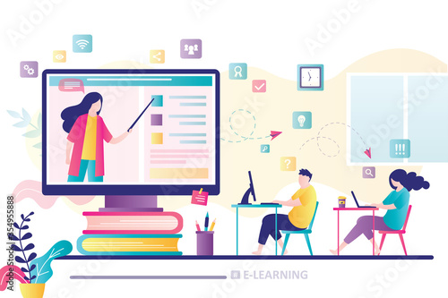 E-learning banner concept. Online education, home schooling. Group of students in distance learning. Web courses or tutorials