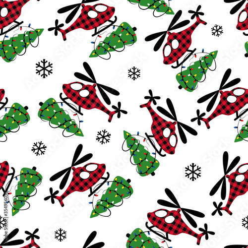 . Buffalo plaid Christmas helicopter with Christmas tree.. Festive seamless pattern on a white background. Vector illustration.