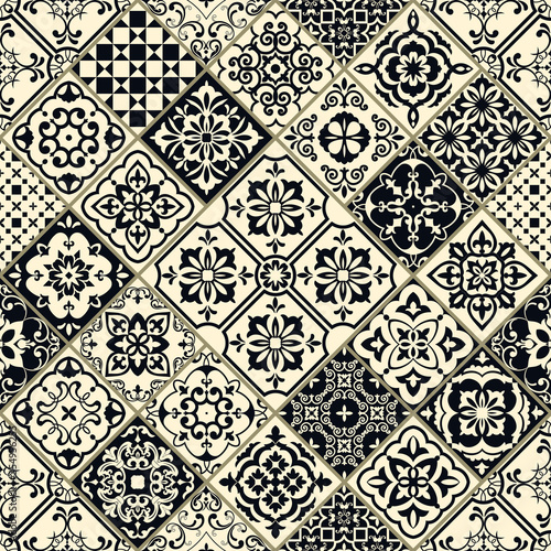 Seamless colorful patchwork in turkish style. Hand drawn background. Azulejos tiles patchwork. Portuguese and Spain decor. Islam, Arabic, Indian, ottoman motif. Perfect for printing on fabric or paper