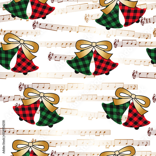 ..Buffalo plaid  Christmas Jingle Bells  on the background of the music page. . Festive seamless pattern on a checkered background. Vector illustration.  .