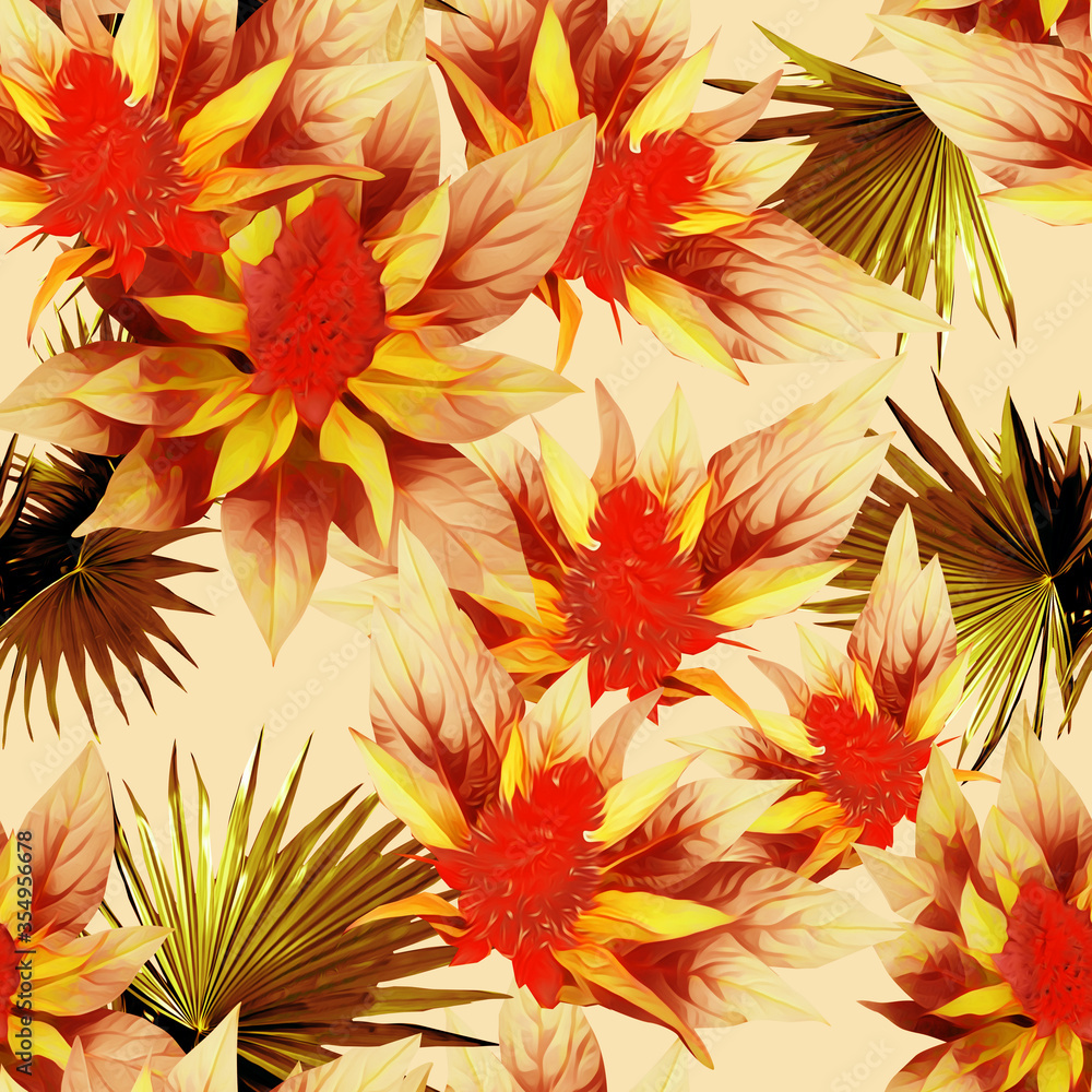 Tropical flowers with palm leaves, seamless pattern. Tropical flowers with palm leaves, seamless pattern.
