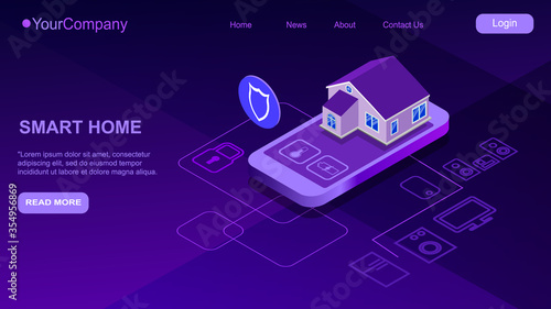 Smart home isometric controlled smartphone. Internet of things technology of automation system. Small house standing on screen mobile phone and wireless connections with home electronics devices. iot