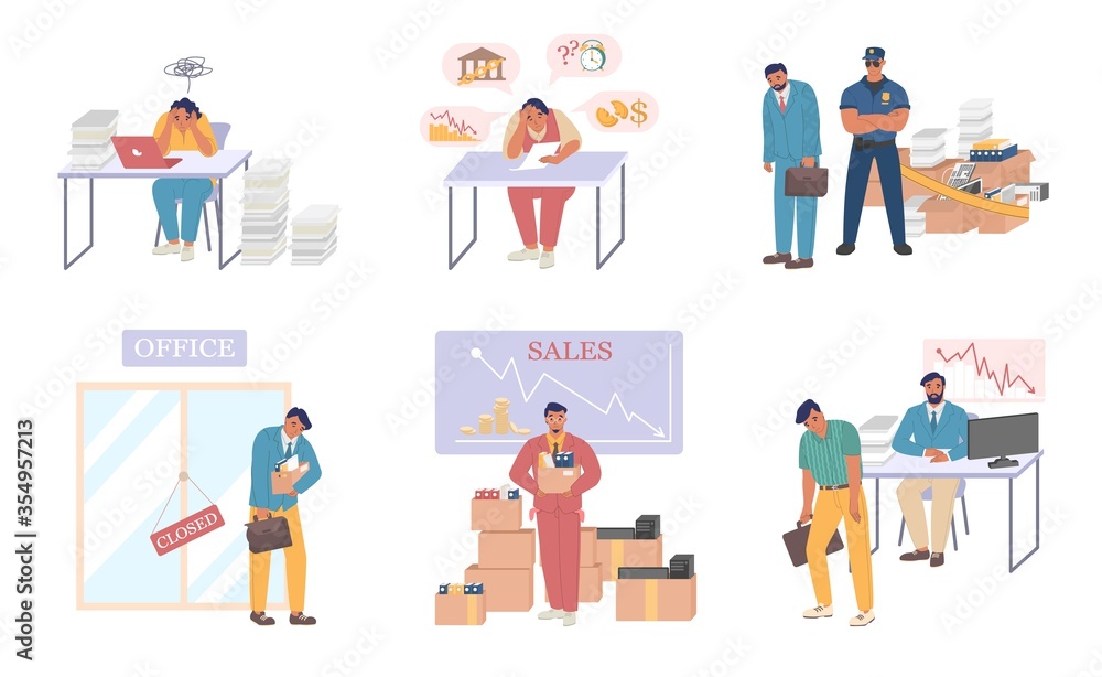 Business bankruptcy set, vector flat isolated illustration