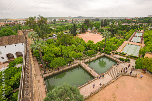 Top view of the gardens of the Alcázar de los Reyes Cristianos in Cordoba, Spain.