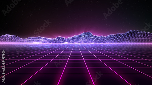 80s Retrowave Background Grid and Terrain among the star