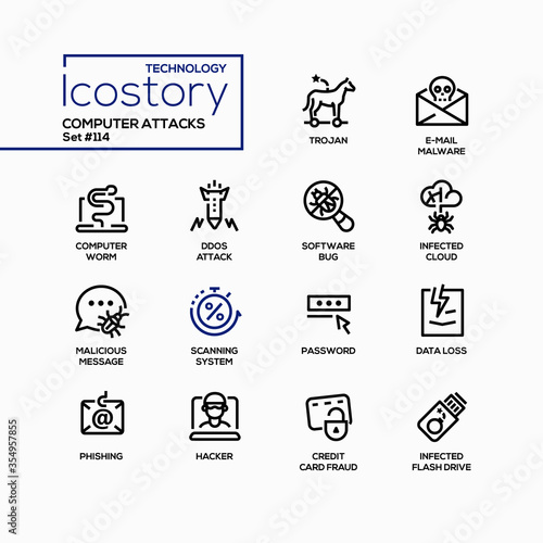 Computer attacks - colorful line design style icons