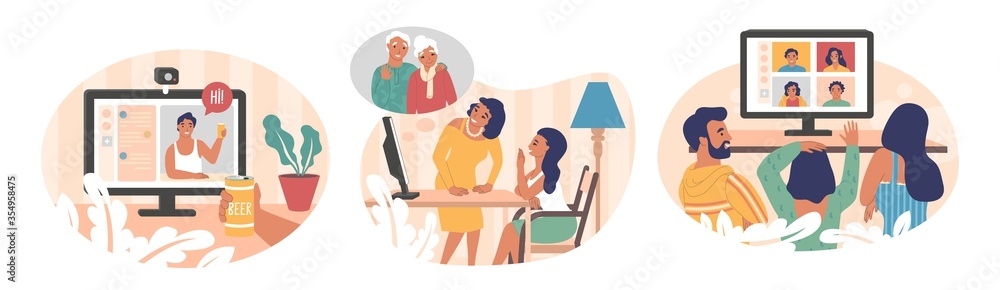 People using video chat app, vector flat isolated illustration - obrazy, fototapety, plakaty 