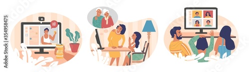People using video chat app, vector flat isolated illustration