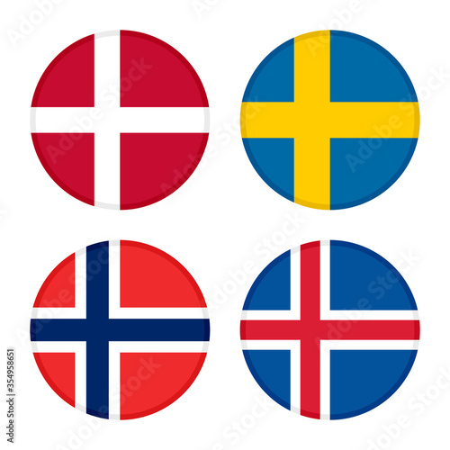 set of round icons flags. denmark, sweden, norway and iceland flags, isolated on white background 