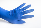Hands wearing blue latex disposable gloves set on plain white background.