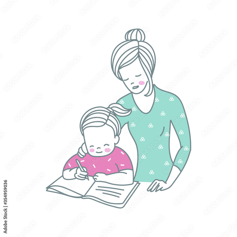 The child learns lessons. Home schooling. Mother and daughter. Vector illustration.
