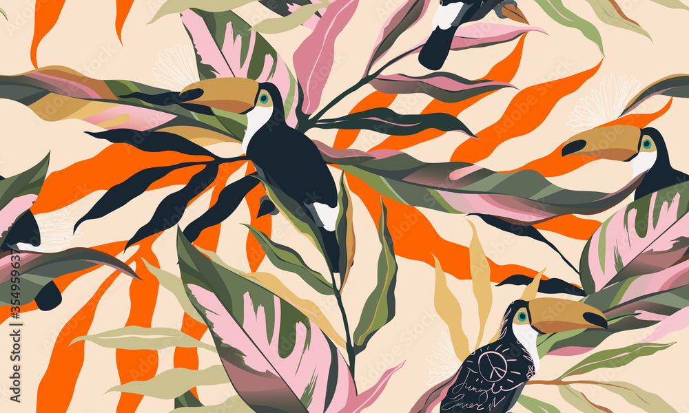 Fototapeta premium Modern exotic jungle plants illustration pattern with toucan bird. Creative collage contemporary floral seamless pattern. Fashionable template for design.