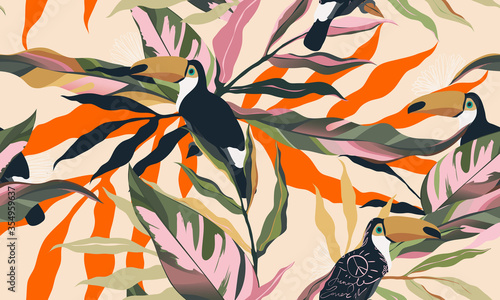 Modern exotic jungle plants illustration pattern with toucan bird. Creative collage contemporary floral seamless pattern. Fashionable template for design.