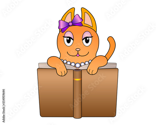 Red-haired cat girl with a purple bow reads a big brown book - full color vector illustration. Red cat is reading a book - cartoon vector character.