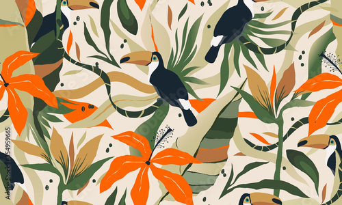 Fototapeta Modern exotic jungle plants illustration pattern with toucan bird. Creative collage contemporary floral seamless pattern. Fashionable template for design.