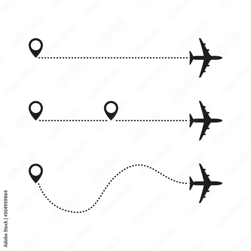 The route of the plane with dotted lines. Tourism and travel. Simple vector illustration The route of the plane with dotted lines. Tourism and travel. Simple vector illustration