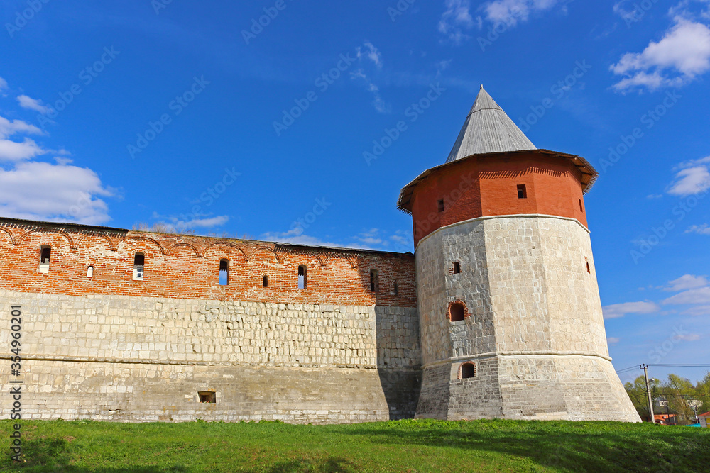 Hiding-place Corner Tower and Kremlin wall at Zaraysk town in sunny day. Cultural heritage of the Middle Ages (16th century) in the Moscow region, Russia