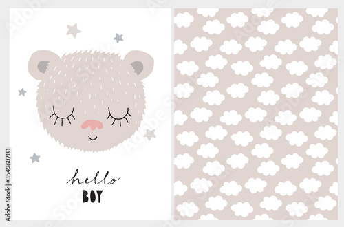 Hello Boy. Baby Shower Illustration. Cute Nursery Art with Little Dreamy Baby Bear Isolated on a White Background. Seamless Irregular Vector Pattern with White Fluffy Clouds on a Beige.Baby Boy Party.