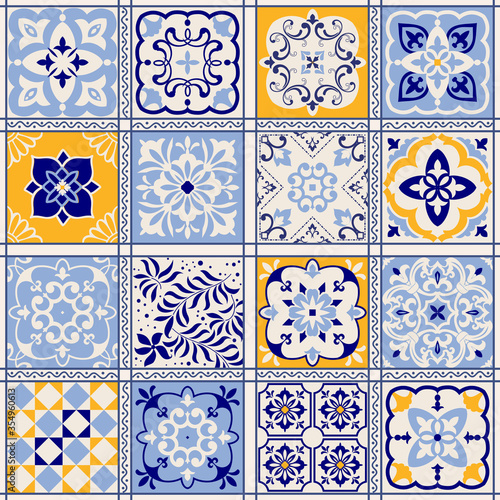 Collection of 16 ceramic tiles in turkish style. Seamless patchwork from Azulejo tiles. Portuguese and Spain decor. Islam, Arabic, Indian, Ottoman motif. Vector Hand drawn background
