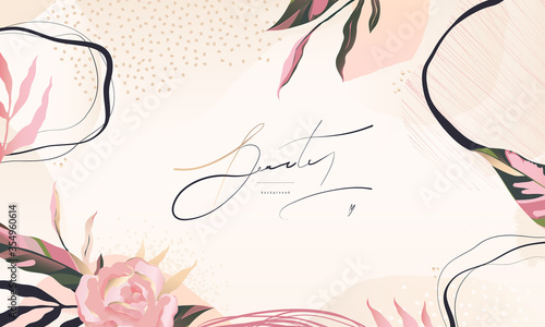 Abstract trendy universal artistic background template with flowers. Pastel rose and pink brush strokes. Modern fashionable design. 