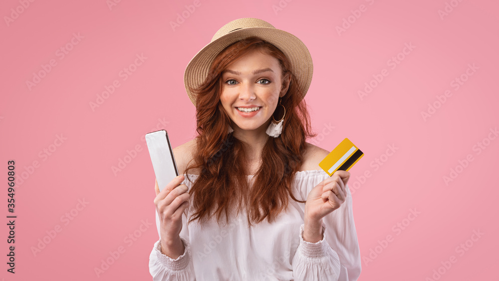 Happy Girl Holding Smartphone And Credit Card, Pink Background, Panorama Happy Girl Holding Smartphone And Credit Card, Pink Background, Panorama