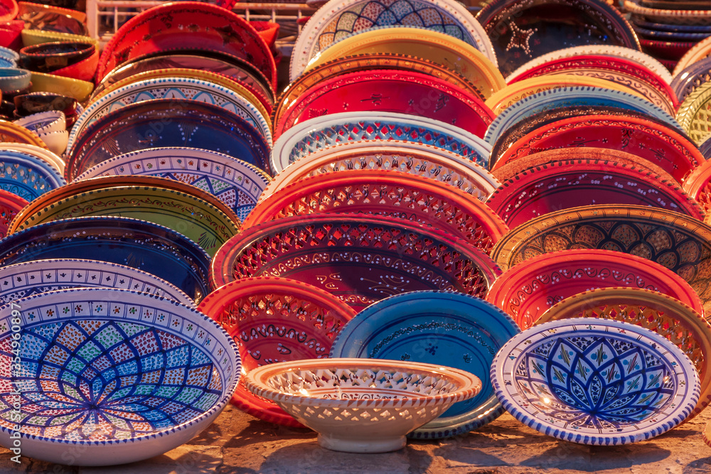 Beautiful colorful traditional ceramic items - plates and lamps