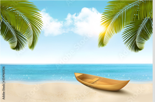 Summer vacation background with tropical beach, a palm tree, blue sea and a pleasure boat. Vector.