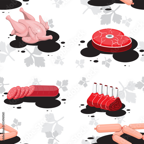seamless pattern of meat chicken sausage sausage steak ribs on a white background. Vector image