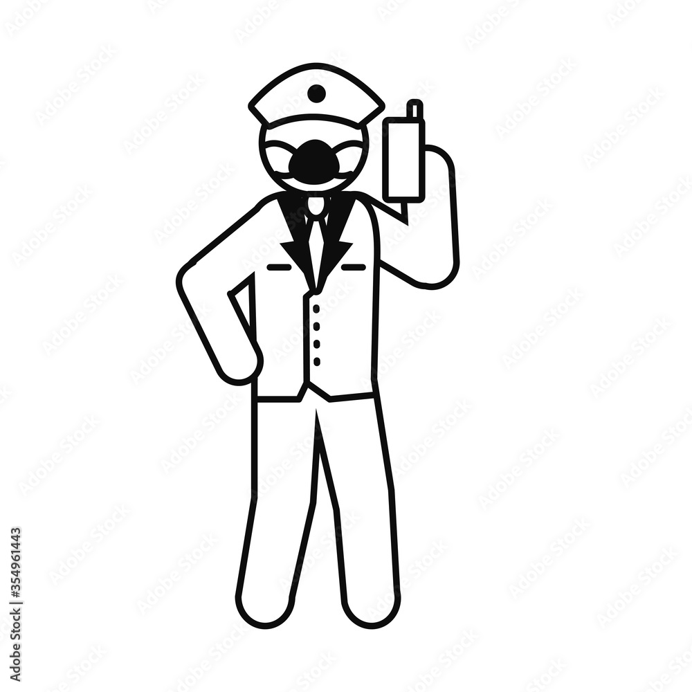 pictogram policeman with protective mask and holding a cellphone, line style pictogram policeman with protective mask and holding a cellphone, line style