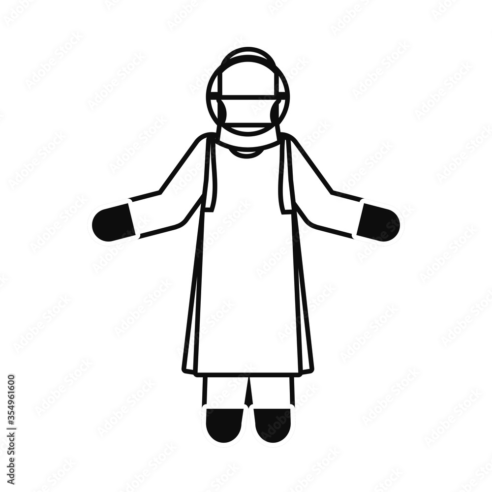 pictogram man wearing protective facial mask and gloves, line style pictogram man wearing protective facial mask and gloves, line style