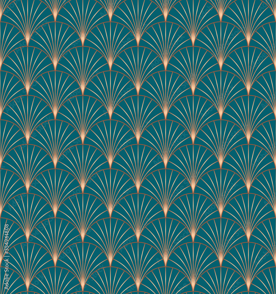 Vintage style elegant Art Deco Seamless Fan Pattern in copper metallic gradient on dark turquoise background. Retro style texture vector pattern.