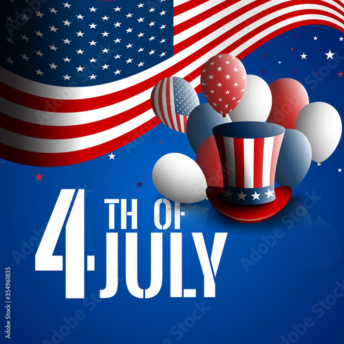 Fourth of July. Independence day of the USA. Holiday background with patriotic american signs - president's hat, balloons, stars and stripes. photo