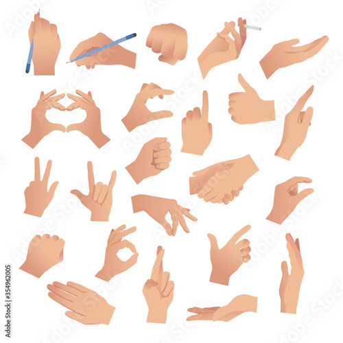 Gesturing. Set of hands in different gestures , hand showing signal or sign collection, on white background isolated vector illustration
