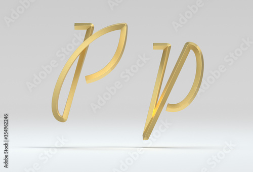 3d illustration of the letter P in gold metal on a white isolated background