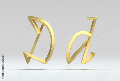 3d illustration of the letter D in gold metal on a white isolated background