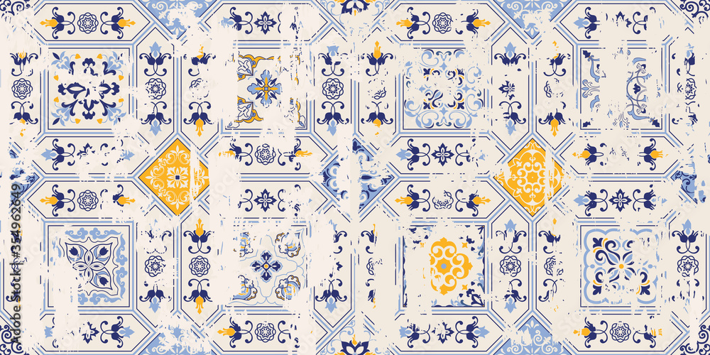 Seamless vintage pattern with an effect of attrition. Patchwork tiles. Hand drawn seamless abstract pattern from tiles. Azulejos tiles patchwork. Portuguese and Spain decor.