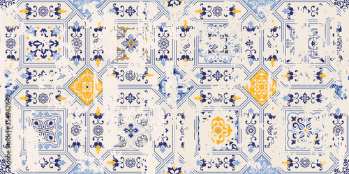 Seamless vintage pattern with an effect of attrition. Patchwork tiles. Hand drawn seamless abstract pattern from tiles. Azulejos tiles patchwork. Portuguese and Spain decor.