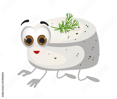 Funny Piece of Feta Cheese with eyes on white background, funny products series