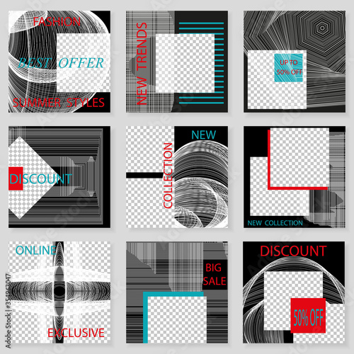  Set of square templates for social media design. Vector background for social networks. Abstract minimal design.Thin white grid on black background with place for photos.