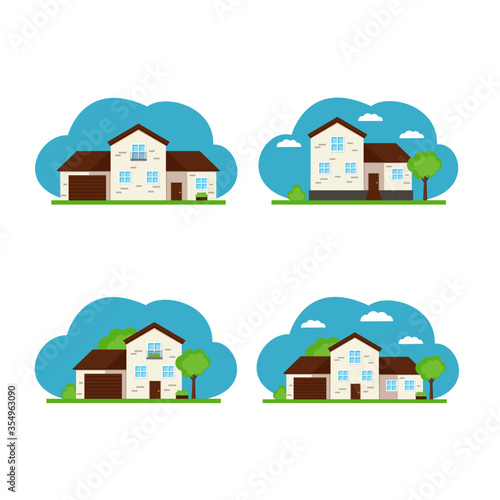 This is a set of icons of the house is with a garage and a tree. Vector illustration isolated on white background.