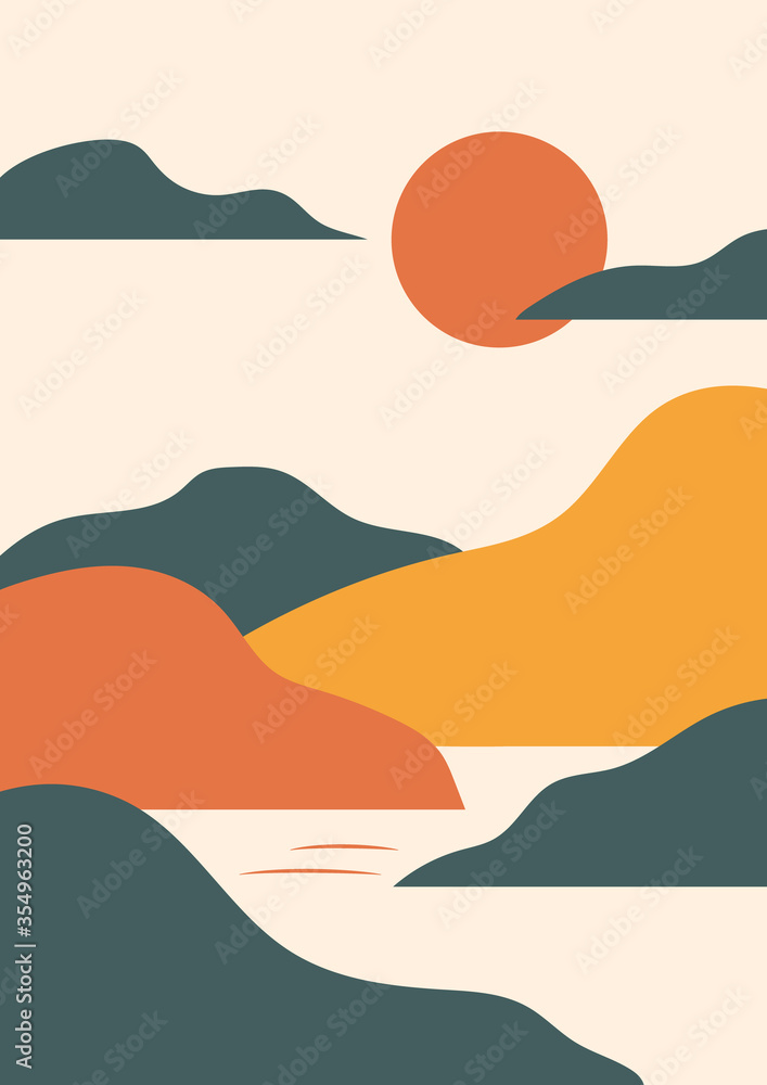 Simple vector landscape poster with hills, sun, sea, vintage oriental style. Warm retro red, yellow, beige, green. Trendy vertical print for t-shirt, cover, decor. EPS10, editable.