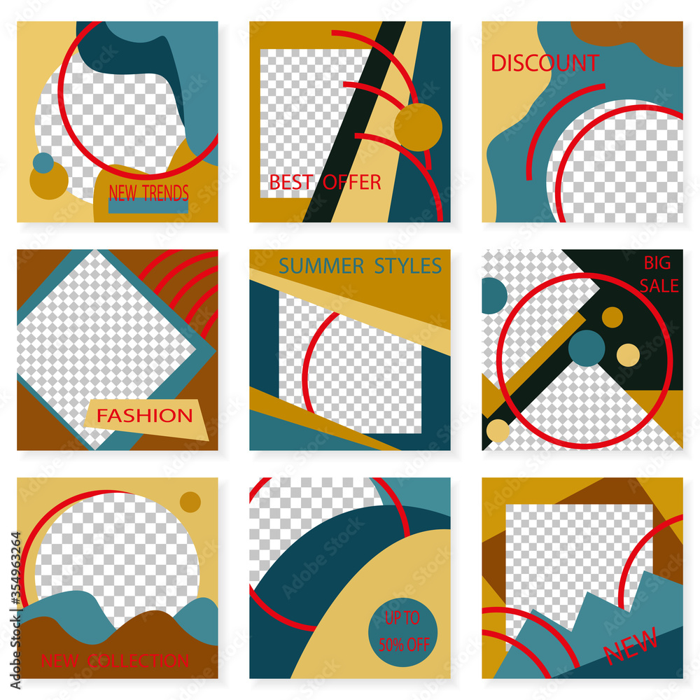 Set of square templates for social media design. Vector background for social networks. Abstract minimal design.Geometric design with place for photos. Set of square templates for social media design. Vector background for social networks. Abstract minimal design.Geometric design with place for photos.