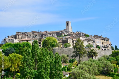 The medieval town of Saint-Paul-de-Vence in Provence-Alpes-Côte d’Azur in France, panoramic view, blue sky background, a sunny day