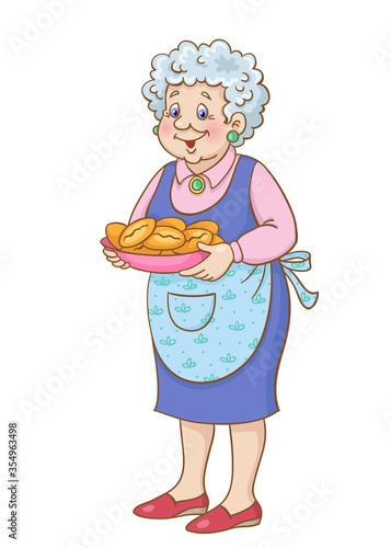 Cute grandmother stands with a plate of pies in her hands.  In cartoon style. Isolated on white background. Vector illustration.