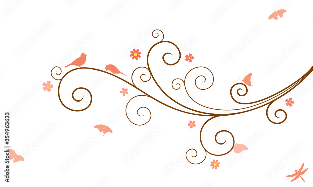 Vector illustration of abstract, swirl, decorated with blooming flowers tree branch with couple of birds, butterflies and dragonfly, in color, isolated, on white background. Vector illustration of abstract, swirl, decorated with blooming flowers tree branch with couple of birds, butterflies and dragonfly, in color, isolated, on white background.